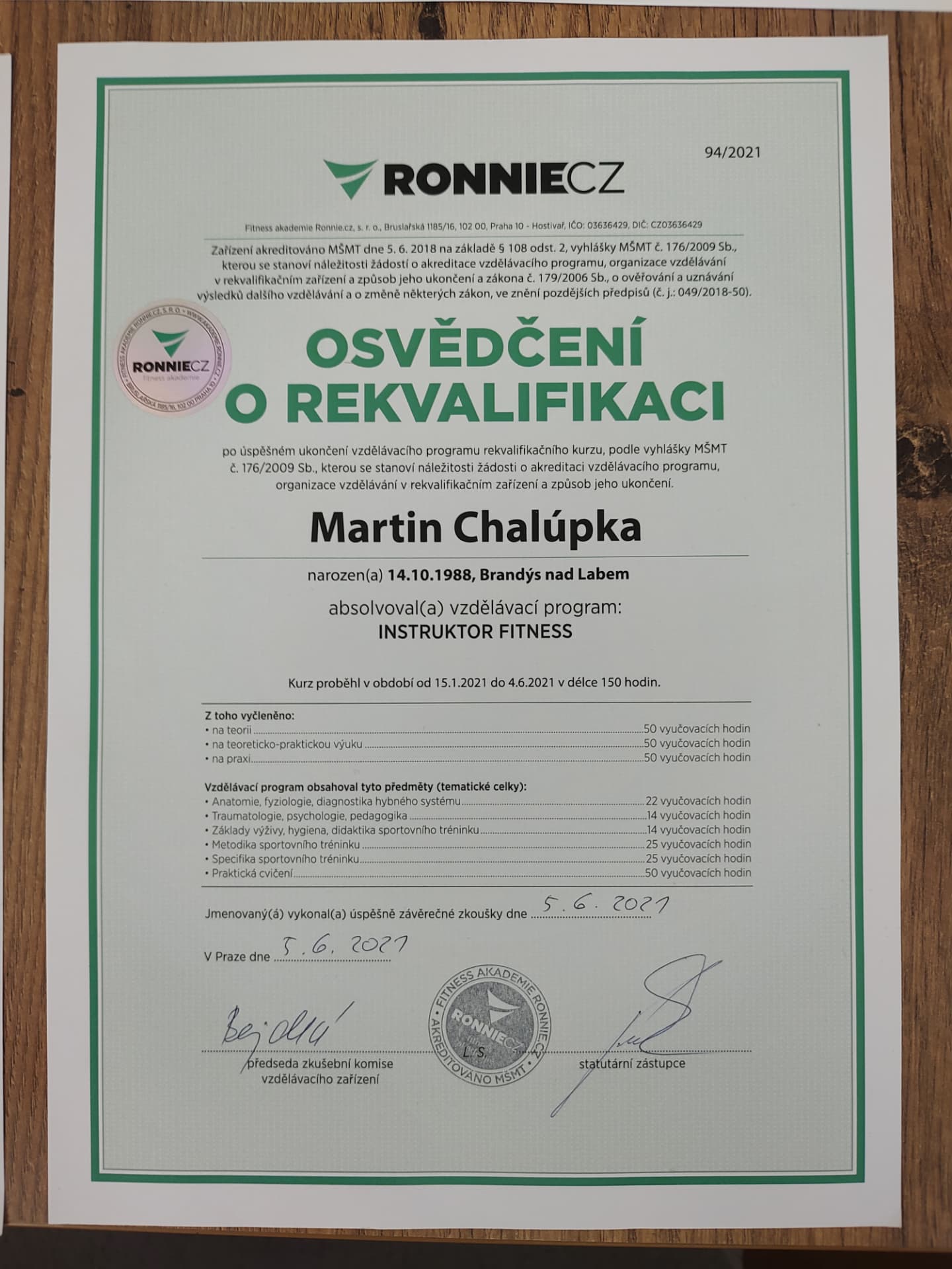 Osvědčení Instruktor fitness — Ronnie.cz