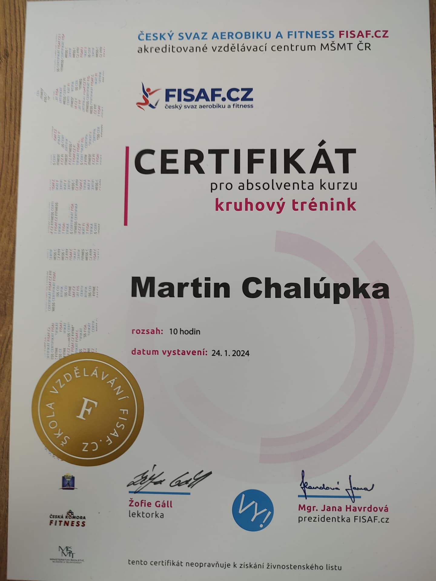 Certifikát kruhový trénink — FISAF.cz