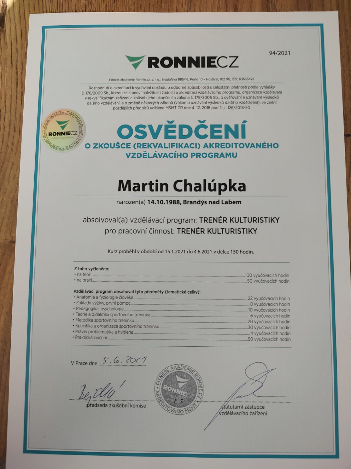 Osvědčení Trenér kulturistiky — Ronnie.cz