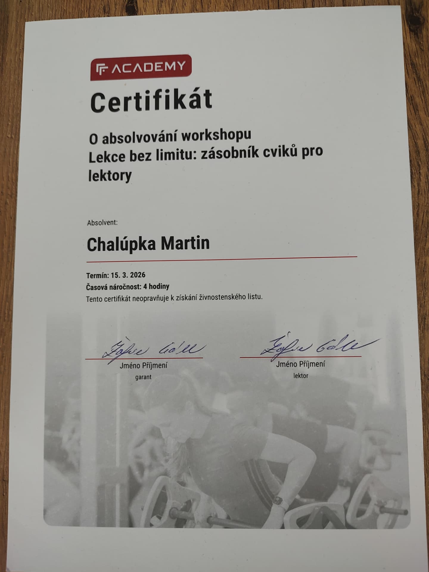 Certifikát workshopu Lekce bez limitu — TF Academy